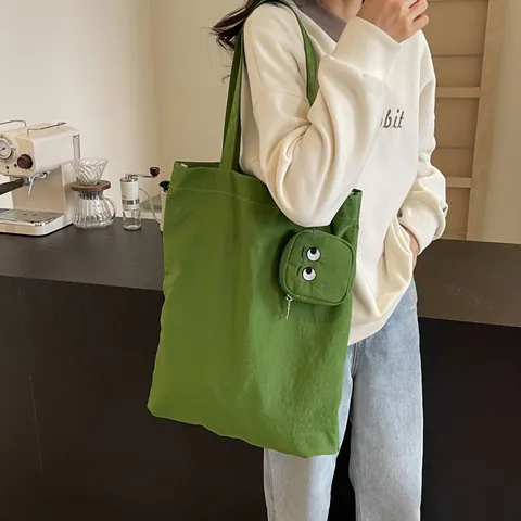 Large Capacity Foldable Canvas Tote Bag With Monster Eye Embroidery Pendant Personalized Fashion Women Shoulder Bag Lightweight Bag