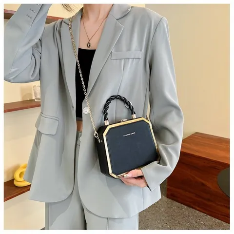Women Candy Color Box Handbag Mini Synthetic Leather Shoulder Crossbody Bag With Golden Metal Frame And Chain Strap