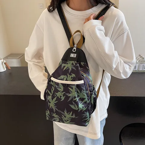 Neue Chinesische Stil Bambus Blatt Druck Oxford Tuch Damen Umhängetasche Brusttasche Große Kapazität Casual Sport Schultertasche Für Reisen Alltag