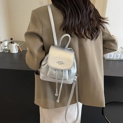 Women Fashion Mini PU Leather Backpack Litchi Texture Drawstring Flap Bucket Bag Versatile Small Travel Rucksack