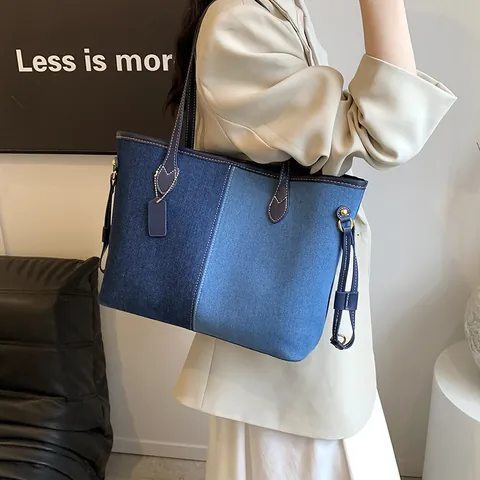 Fashion Women Large Capacity Denim Tote Bag Contrast Color Patchwork Shoulder Bag Synthetic Leather Stitching Casual Commuter Handbag with Pouch