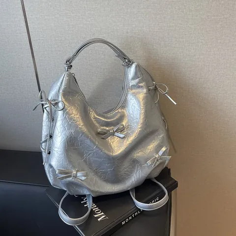 Koreaanse Stijl Gekreukelde PU-Lederen Strik Schoudertas Voor Dames Grote Capaciteit Hobo Tote Multi-Way Rugzak Voor School