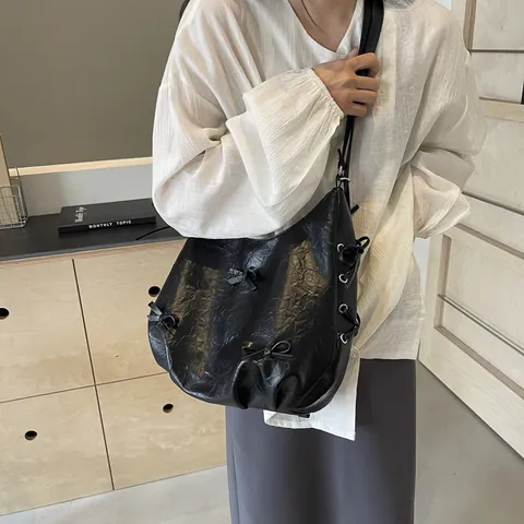 Koreaanse Stijl Gekreukelde PU-Lederen Strik Schoudertas Voor Dames Grote Capaciteit Hobo Tote Multi-Way Rugzak Voor School