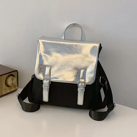 Sac à Dos Femme en Similicuir PU Bicolore Tendance Polyvalent Grande Capacité Style Urbain Sac d'École Argent Noir