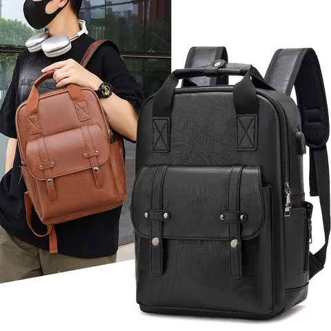 Mochila de Cuero PU Vintage para Hombre Con Puerto de Carga USB Bolsa para Portátil de Gran Capacidad para Negocios Escuela Viaje