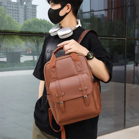 Mochila de Cuero PU Vintage para Hombre Con Puerto de Carga USB Bolsa para Portátil de Gran Capacidad para Negocios Escuela Viaje