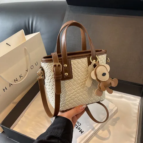Women Woven Texture Tote Bag PU Leather Handbag With Cartoon Bear Charm Adjustable Shoulder Strap Crossbody Bag Casual Daily Satchel