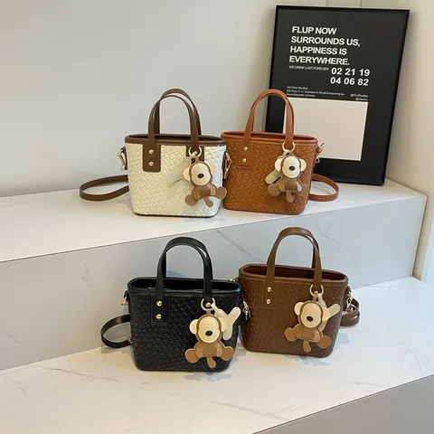 Women Woven Texture Tote Bag PU Leather Handbag With Cartoon Bear Charm Adjustable Shoulder Strap Crossbody Bag Casual Daily Satchel
