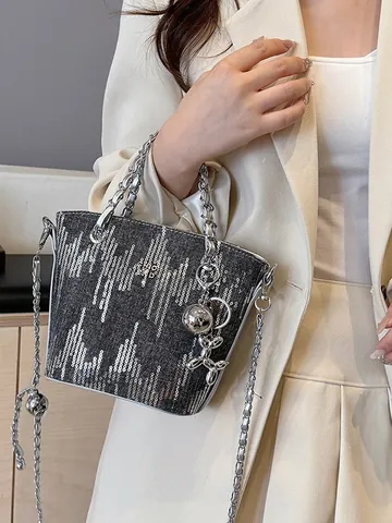 Fashion Denim Sequin Bucket Bag With Metal Chain And Dog Pendant For Women Trendy Shoulder Crossbody Handbag Casual Tote