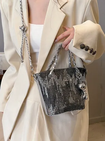 Fashion Denim Sequin Bucket Bag With Metal Chain And Dog Pendant For Women Trendy Shoulder Crossbody Handbag Casual Tote