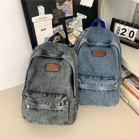 Sac à Dos en Denim Délavé Vintage pour Hommes Femmes Style Urbain Décontracté Sac d'École Avec Surpiqûres Multi-Poches Daypack pour Ordinateur 15 Pouces