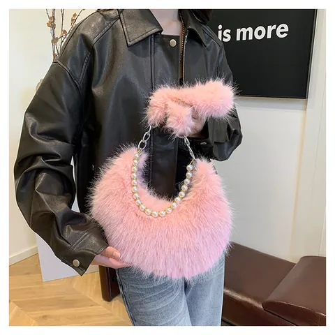 Damen Plüsch Kunstfell Schultertasche Mit Perlenkette Mode Halbmond Hobo Achseltasche Winter Süße Einfarbige Handtasche Für Den Alltag