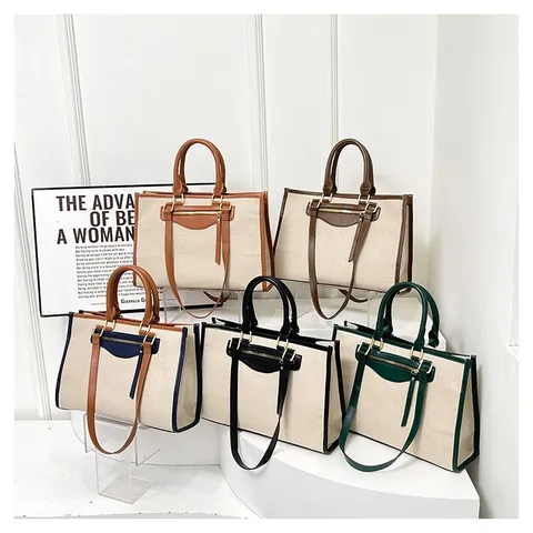 Bolso de Mano para Mujer de Lona y Cuero Sintético en Color de Contraste de Gran Capacidad Bolso de Hombro Con Bolsillo Delantero
