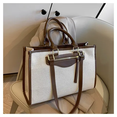 Bolso de Mano para Mujer de Lona y Cuero Sintético en Color de Contraste de Gran Capacidad Bolso de Hombro Con Bolsillo Delantero