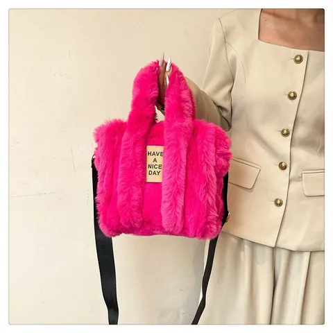 Borsa Tote da Donna in Pelliccia Sintetica di Peluche Borsa a Tracolla di Grande Capacità Con Patch Have A Nice Day