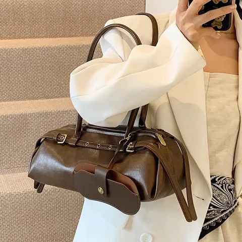 Borsa Baguette in Pelle PU Retrò Donna Borsa Sottobraccio Cilindrica Con Pochette Rimovibile Fibbia della Cintura Cuciture Street Style