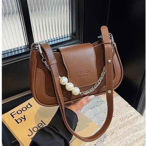 Bolso de Axila de Cuero de PU y Gamuza Sintética Vintage para Mujer Con Cadena de Metal y Perlas Artificiales Bolso de Hombro Casual