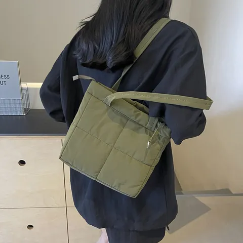 Women Quilted Puffer Tote Bag Cotton Padded Lightweight Small Square Handbag Solid Color Casual Shoulder Bag For Daily Use