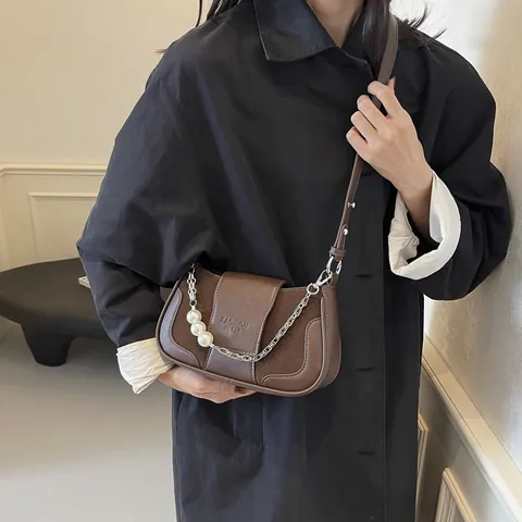 Bolso de Axila de Cuero de PU y Gamuza Sintética Vintage para Mujer Con Cadena de Metal y Perlas Artificiales Bolso de Hombro Casual
