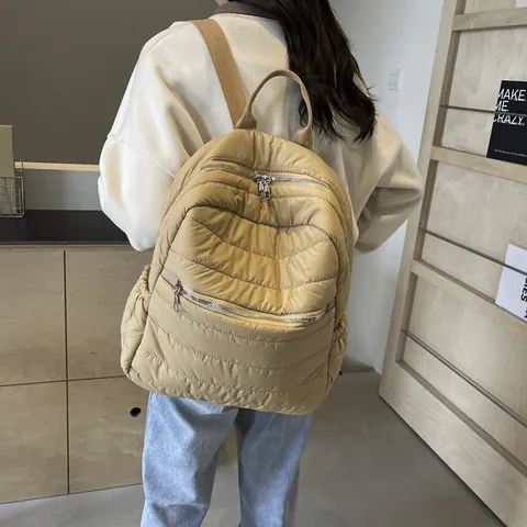 Women Casual Quilted Padded Backpack Lightweight Nylon Shoulder Bag For School Travel Daily Commuting Top Handle Backpack