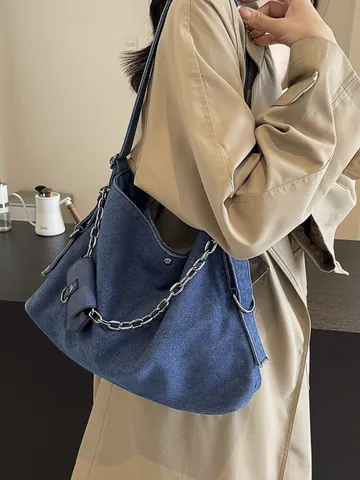 Sac Hobo en Denim Lavé pour Femmes Grande Capacité Sac à Épaule Avec Chaîne en Métal Et Mini Pochette Amovible Tote Vintage