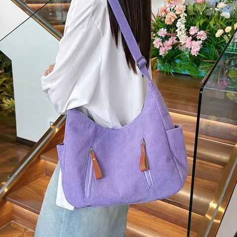 Bolso de Bandolera de Pana Grande para Mujer Gran Capacidad Bolso Hobo Dumpling Con Multibolsillos Casual Color Sólido Hombro