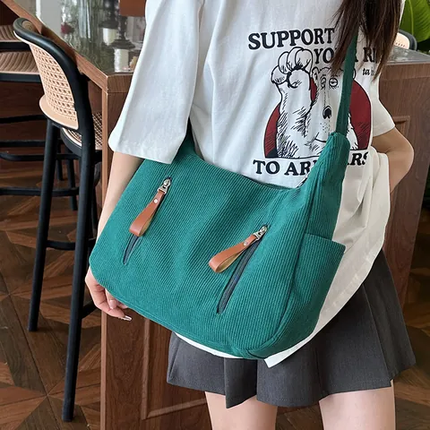 Bolso de Bandolera de Pana Grande para Mujer Gran Capacidad Bolso Hobo Dumpling Con Multibolsillos Casual Color Sólido Hombro