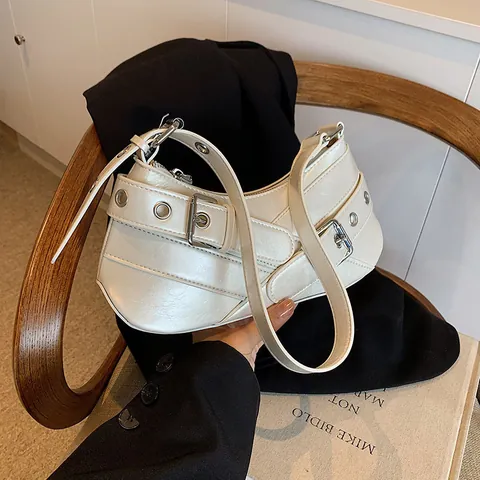 Damen Y2K Moto Stil PU Leder Achseltasche Mit Metallschnallen Und Ösen Mode Teigtaschen-Schultertasche Für Tägliche Party