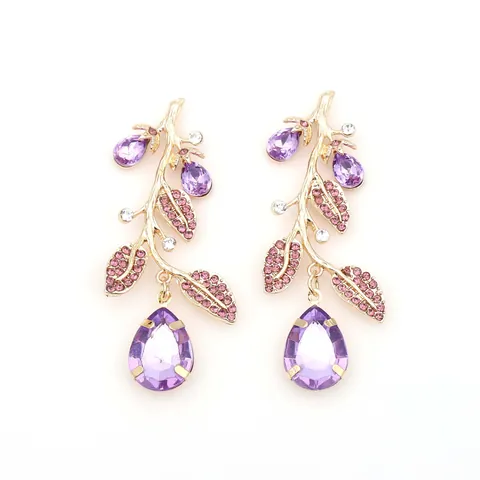 Vintage Gold Branch Purple Water Drop Rhinestone Earrings For Women Wedding Banquet Party Formal Elegant Jewelry Accessores