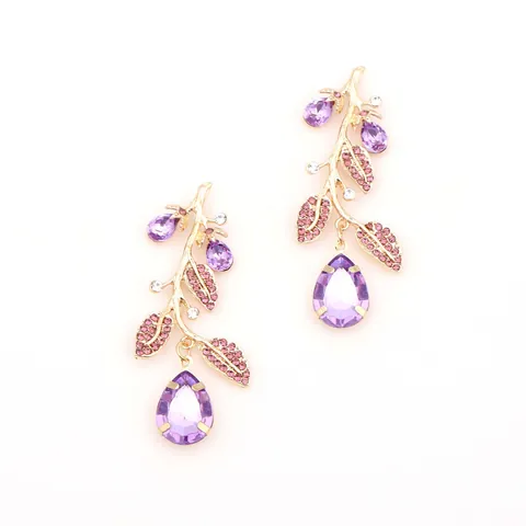 Vintage Gold Branch Purple Water Drop Rhinestone Earrings For Women Wedding Banquet Party Formal Elegant Jewelry Accessores