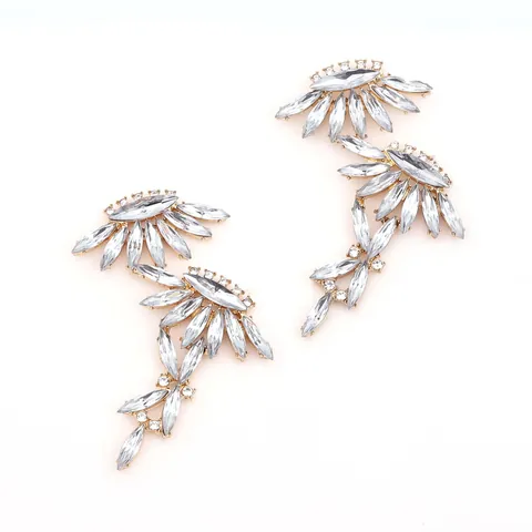 Elegant Zinc Alloy Willow Leaf Rhinestone Ear Crawlers For Women Marquise Cut Crystal Earrings For Party Prom Jewelry