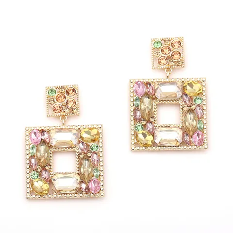 Luxury Alloy Geometric Square Drop Earrings With Stainless Steel Post Multicolor Rhinestone Exaggerated Jewelry For Women