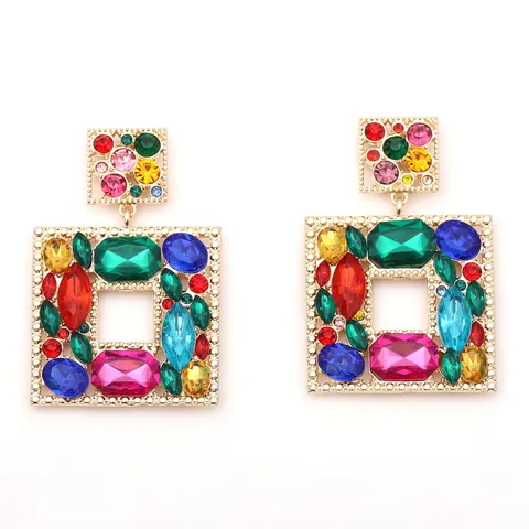 Luxury Alloy Geometric Square Drop Earrings With Stainless Steel Post Multicolor Rhinestone Exaggerated Jewelry For Women