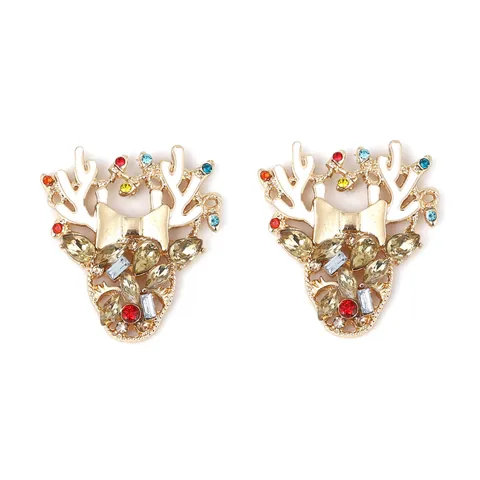 Orecchini a Bottone a Testa di Renna di Natale Con Strass Colorati Lega Oro Smalto Corna di Cervo Gioielli Festivi Per Donna