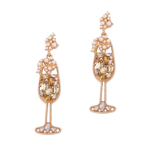 Vintage Champagne Glass Drop Earrings Zinc Alloy Rhinestone Imitation Artificial Pearl Wine Cup Earrings With Stainless Steel Earring Post For Women Party