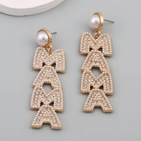 Creative MAMA Letter Dangle Earrings With Stainless Steel Earring Post Alloy Rhinestone Artificial Pearl Long Drop Earrings For Mother's Day Women Gift