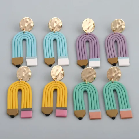 Creative Pencil Shaped Polymer Clay Drop Earrings With Stainless Steel Earring Post U Shape Striped Earrings For Women School Gift