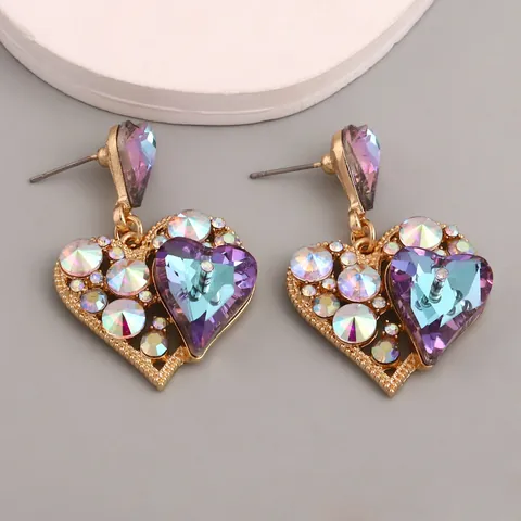 Herz-Ohrhänger aus Zinklegierung mit Edelstahlstift Bunte Strass Hohl Dangle Ohrringe Damen Schmuck Geschenk