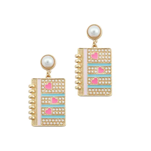 Creative Notebook Enamel Heart Drop Earrings Faux Pearl Zinc Alloy Gold Plated School Style Dangle Earrings For Women Girl Jewelry