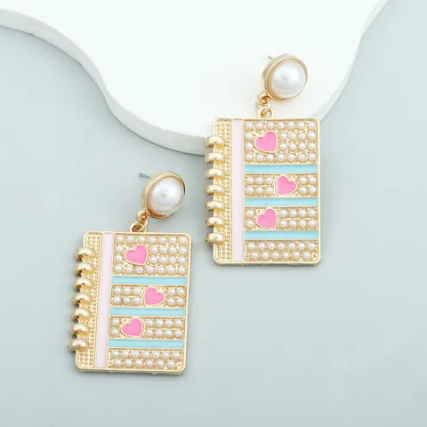 Creative Notebook Enamel Heart Drop Earrings Faux Pearl Zinc Alloy Gold Plated School Style Dangle Earrings For Women Girl Jewelry