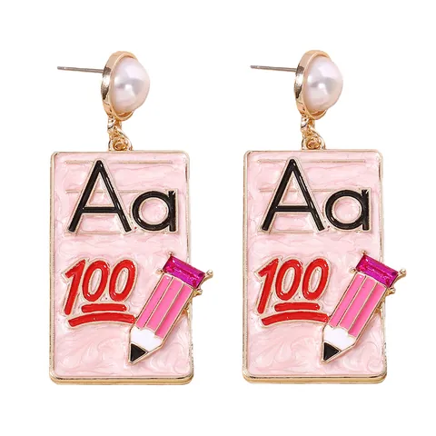 Creative School Theme Enamel Alloy Drop Earrings Faux Pearl Alphabet Aa Number 100 Pencil Design Back To School Jewelry For Women