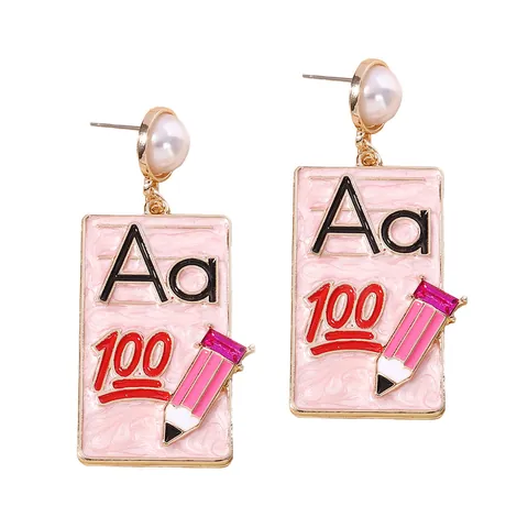 Creative School Theme Enamel Alloy Drop Earrings Faux Pearl Alphabet Aa Number 100 Pencil Design Back To School Jewelry For Women
