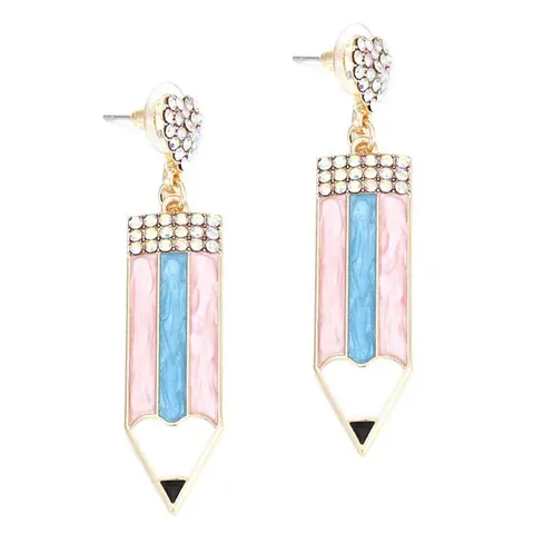 Creative Pencil Shape Heart Drop Earrings Zinc Alloy Enamel Rhinestone Dangle Earrings For Women Fashion School Theme Jewelry