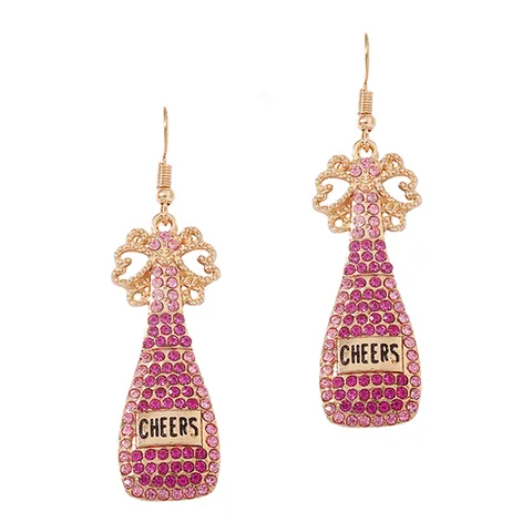 Creative Champagne Wine Bottle Shape Alloy Drop Earrings Rhinestone Artificial Pearl Bow Cheers Design For Party Celebration Women Jewelry