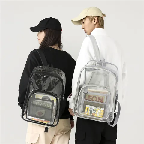 Sac à Dos en PVC Transparent Imperméable Grande Capacité Avec Poche Avant Et Poches Latérales En Filet Pour École Voyage Décontracté Cartable Clair