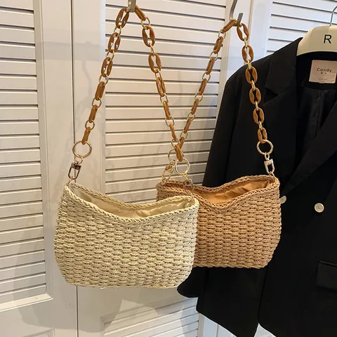Bolso de Hombro de Paja Tejida para Mujer Correa de Cadena de Acrílico Ámbar Bolso Hobo Vacaciones Playa Casual Vintage Cremallera