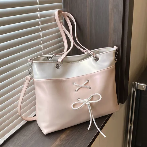 Bolso Tote de Gran Capacidad Estilo Ballet Bloque de Color Para Mujer Cuero PU Cordones Lazo Bolso de Hombro Moda Casual Diario