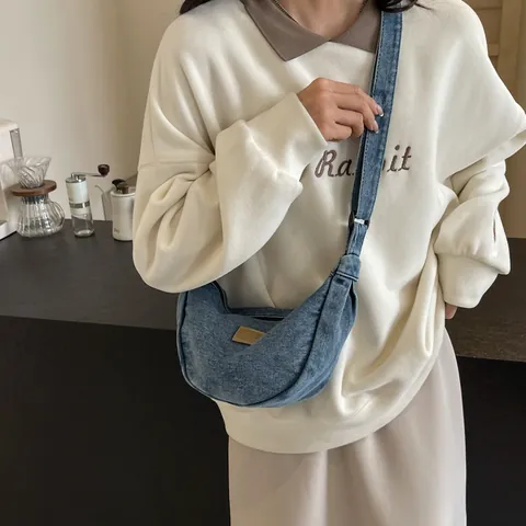 Borsa Hobo Donna in Denim Crossbody Minimalista Giapponese Cotone Lavato a Mezzaluna Tracolla Con Cinturino Regolabile