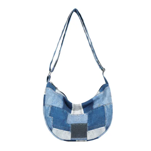 Bolso Hobo de Mezclilla y Lona Patchwork para Mujer Color de Contraste Gran Capacidad Bolso de Hombro Con Correa Ajustable Bolso Tote