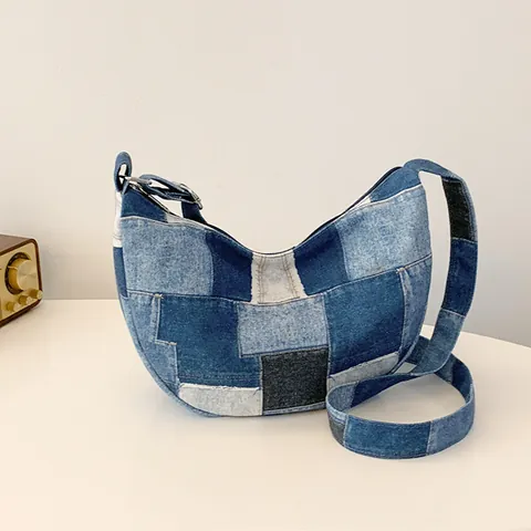 Bolso Hobo de Mezclilla y Lona Patchwork para Mujer Color de Contraste Gran Capacidad Bolso de Hombro Con Correa Ajustable Bolso Tote
